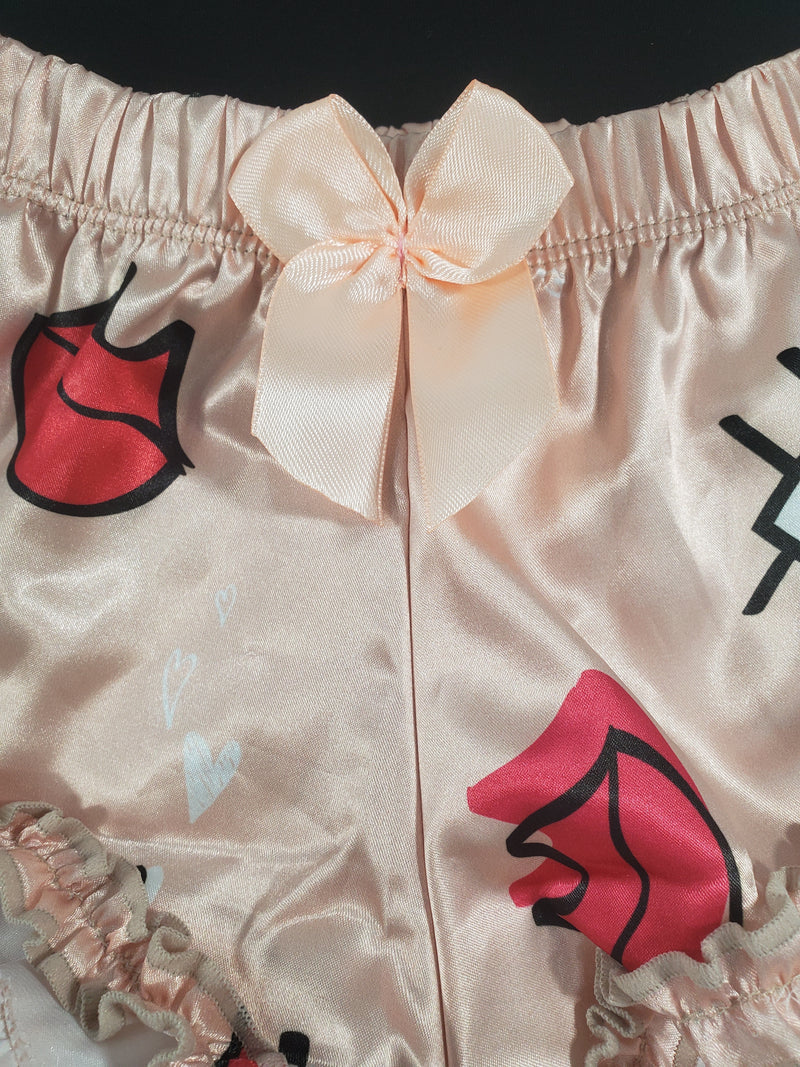 Women's Sexy pajama beige satin shorts lips and eyes theme black blouse - Princess Pajamas