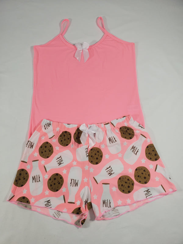 Women's Classic pajama set XL pink shorts milk and cookies theme pink blouse - Princess Pajamas