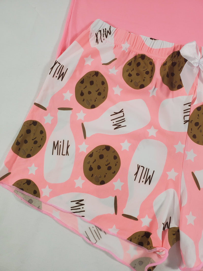 Women's Classic pajama set XL pink shorts milk and cookies theme pink blouse - Princess Pajamas