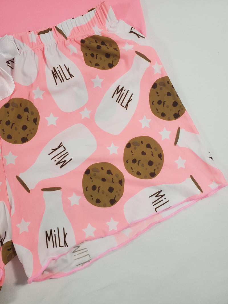 Women's Classic pajama set XL pink shorts milk and cookies theme pink blouse - Princess Pajamas