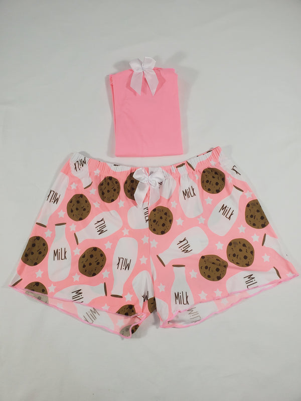 Women's Classic pajama set XL pink shorts milk and cookies theme pink blouse - Princess Pajamas