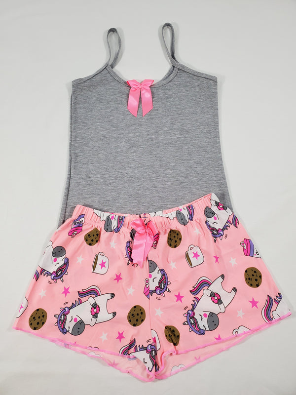 Women's Pink Classic pajamas shorts unicorn and cookies theme gray blouse - Princess Pajamas