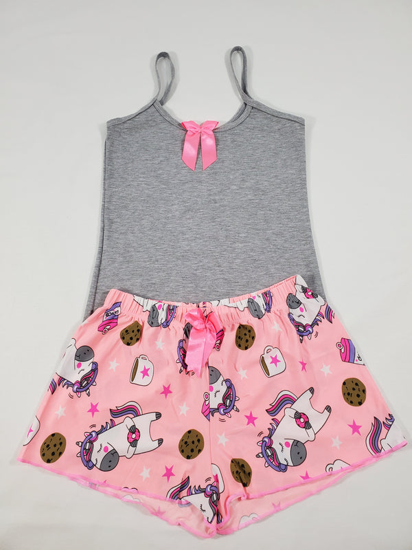 Women's Pink Classic pajamas shorts unicorn and cookies theme gray blouse - Princess Pajamas