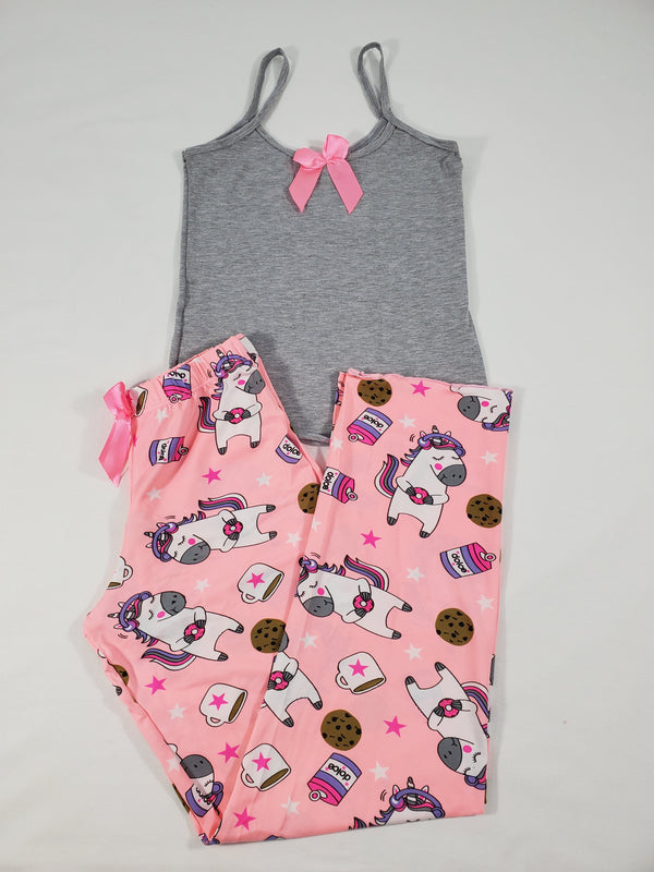 Women's Pajama set pink pants unicorns and cookies theme gray blouse - Princess Pajamas