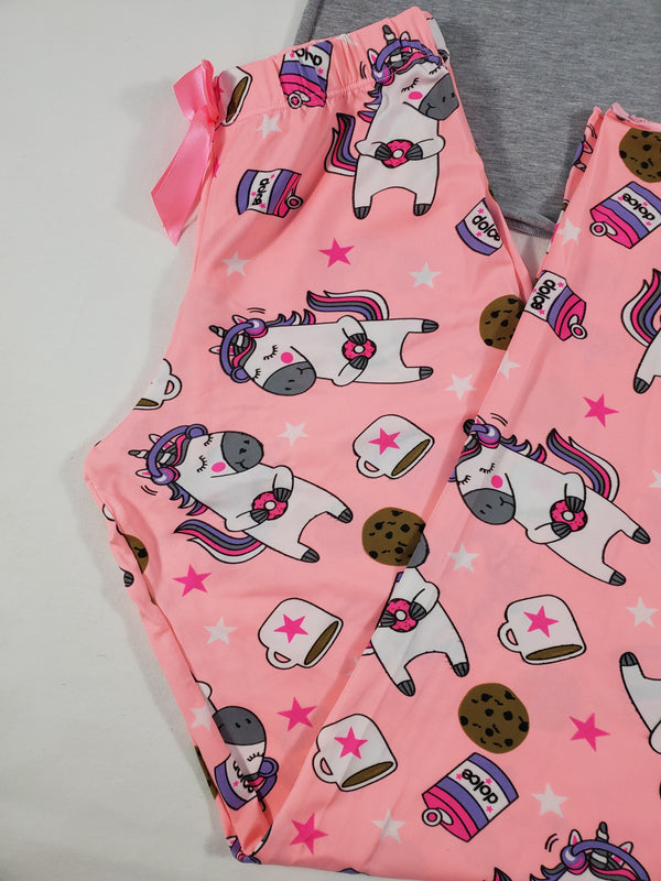 Women's Pajama set pink pants unicorns and cookies theme gray blouse - Princess Pajamas