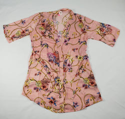 Women's Pink satin silk robe gold chain vines and colorful flowers theme - Princess Pajamas