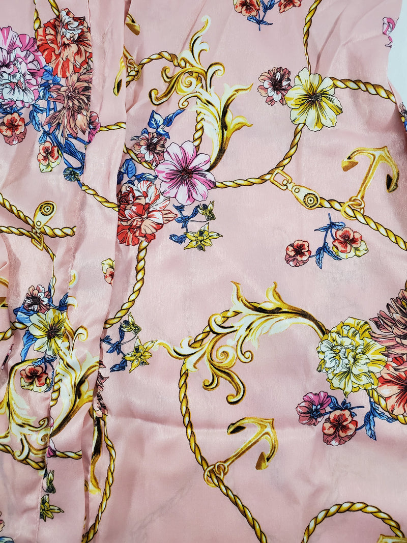 Women's Pink satin silk robe gold chain vines and colorful flowers theme - Princess Pajamas