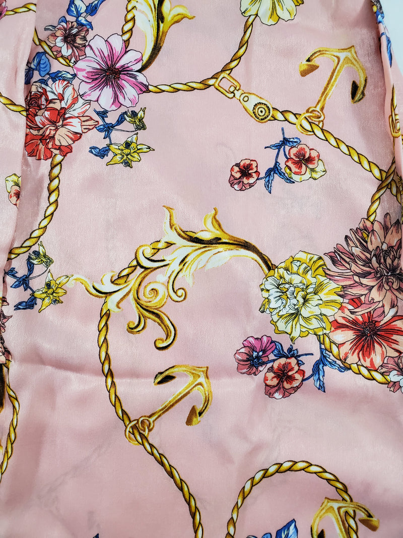 Women's Pink satin silk robe gold chain vines and colorful flowers theme - Princess Pajamas