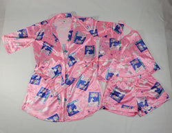 Women's 3-piece pink set satin robe shorts and blouse cereal theme - Princess Pajamas