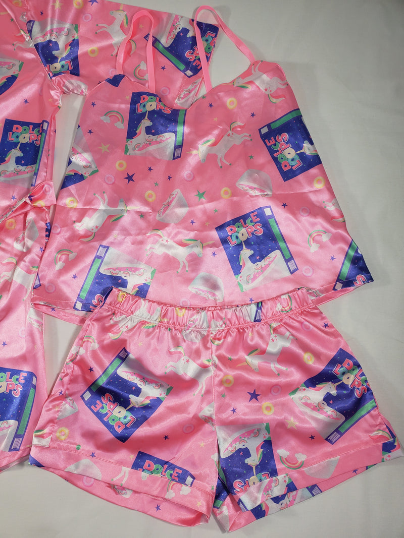 Women's 3-piece pink set satin robe shorts and blouse cereal theme - Princess Pajamas