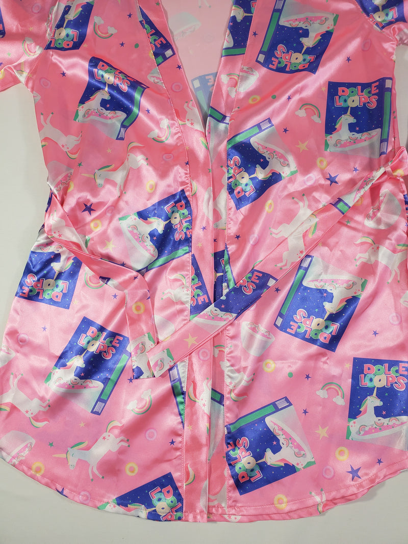 Women's 3-piece pink set satin robe shorts and blouse cereal theme - Princess Pajamas