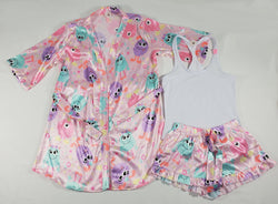 Women's 3-piece pink set satin robe and shorts cute monsters theme classic white blouse - Princess Pajamas