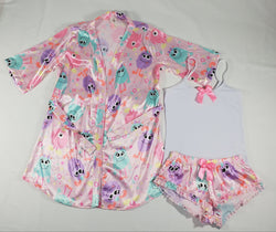 Women's 3-piece pink set satin robe and sexy shorts cute monsters theme classic white blouse - Princess Pajamas