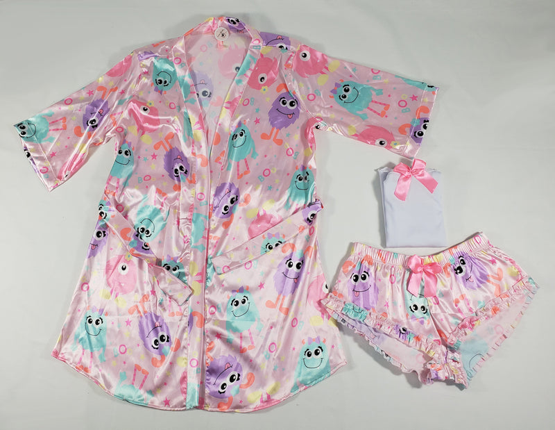 Women's 3-piece pink set satin robe and sexy shorts cute monsters theme classic white blouse - Princess Pajamas