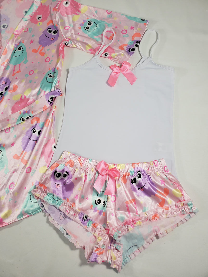 Women's 3-piece pink set satin robe and sexy shorts cute monsters theme classic white blouse - Princess Pajamas