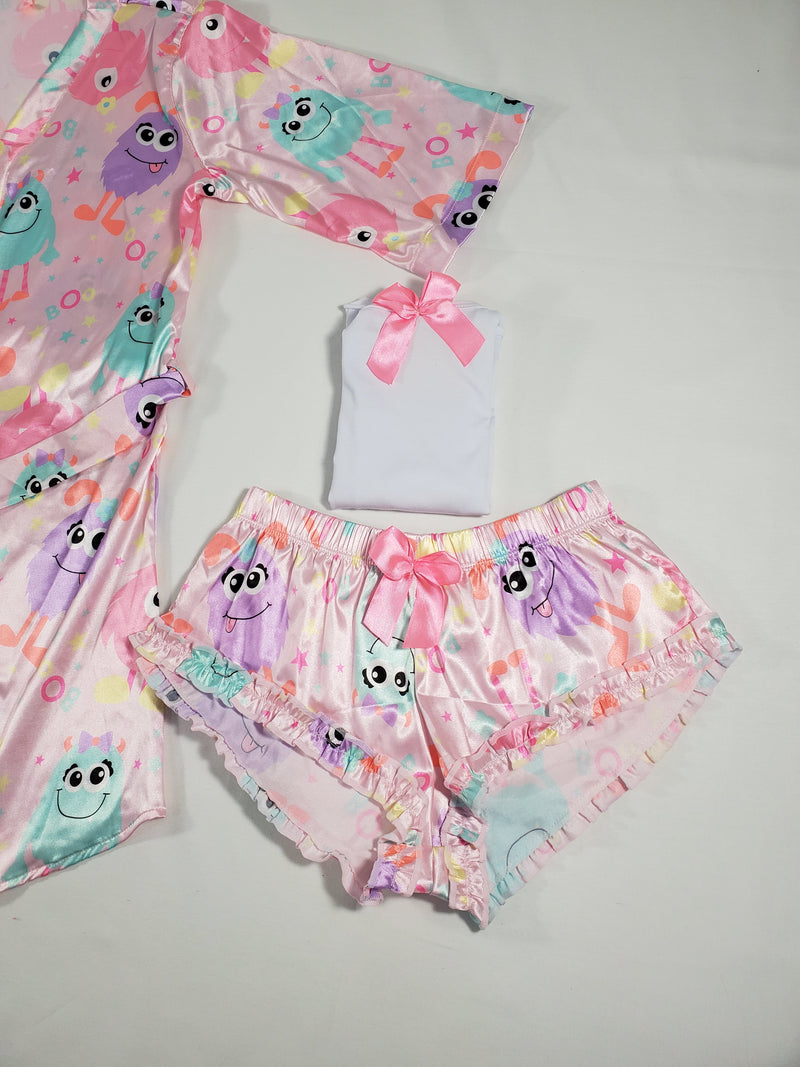 Women's 3-piece pink set satin robe and sexy shorts cute monsters theme classic white blouse - Princess Pajamas