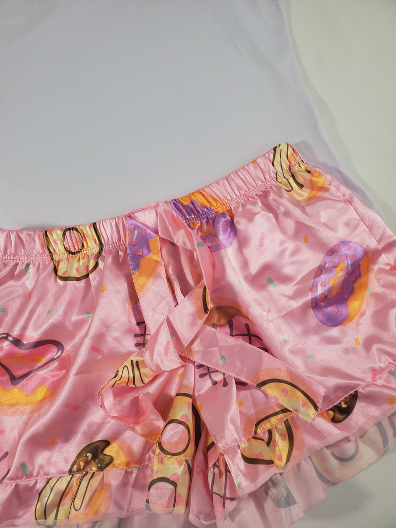 Mellow Women's pajama set pink satin shorts donuts and hearts theme white blouse - Princess Pajamas