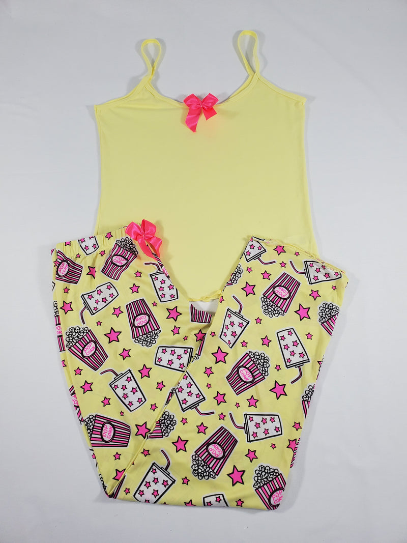 Women's Pajama set yellow pants stars and popcorn theme yellow blouse - Princess Pajamas