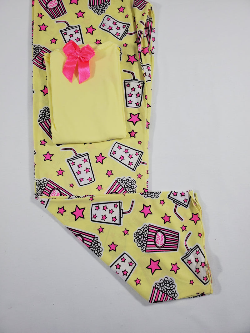 Women's Pajama set yellow pants stars and popcorn theme yellow blouse - Princess Pajamas