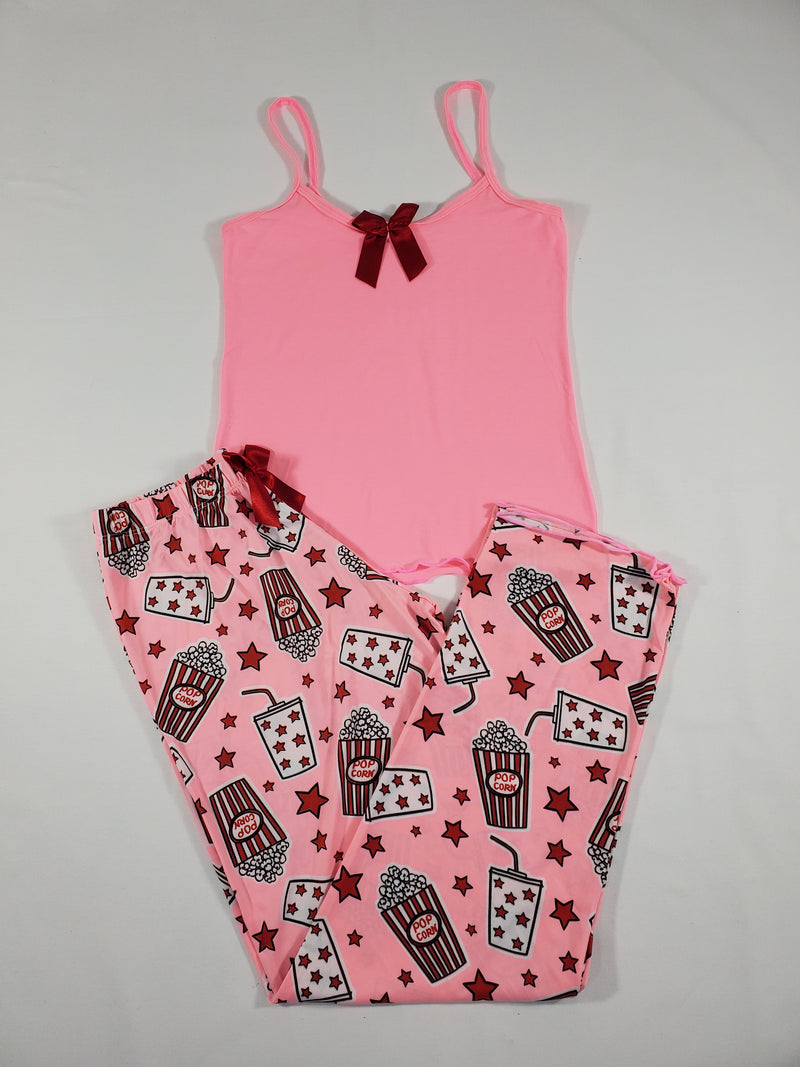 Women's Pajama set pink pants stars and popcorn theme pink blouse - Princess Pajamas