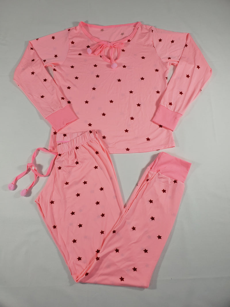 Women's Pajama set pants and long sleeve shirt pink with red stars - Princess Pajamas