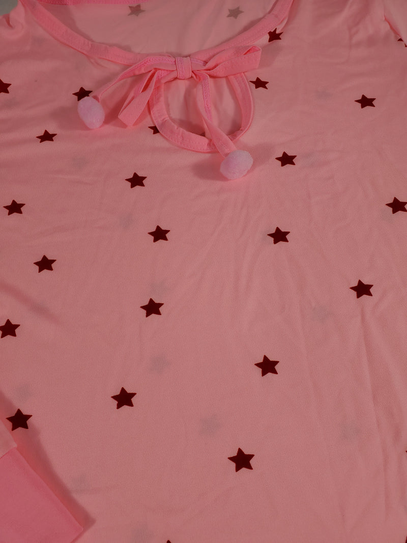 Women's Pajama set pants and long sleeve shirt pink with red stars - Princess Pajamas