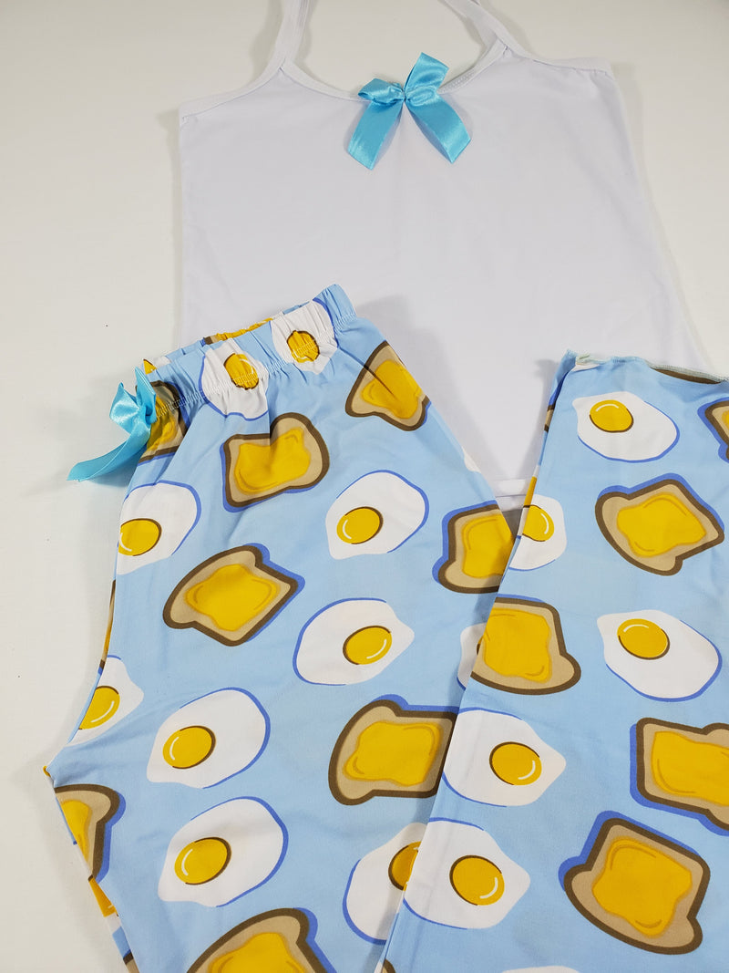 Blue classic Women's pajama fried eggs and toast theme pants white blouse - Princess Pajamas