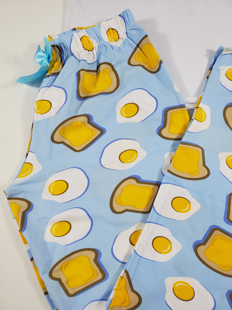 Blue classic Women's pajama fried eggs and toast theme pants white blouse - Princess Pajamas