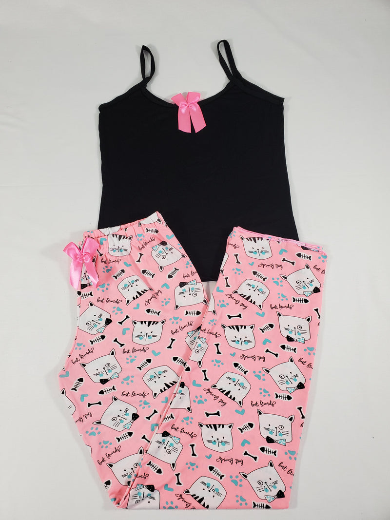 Women's Pajama set pink pants kittens theme black blouse - Princess Pajamas