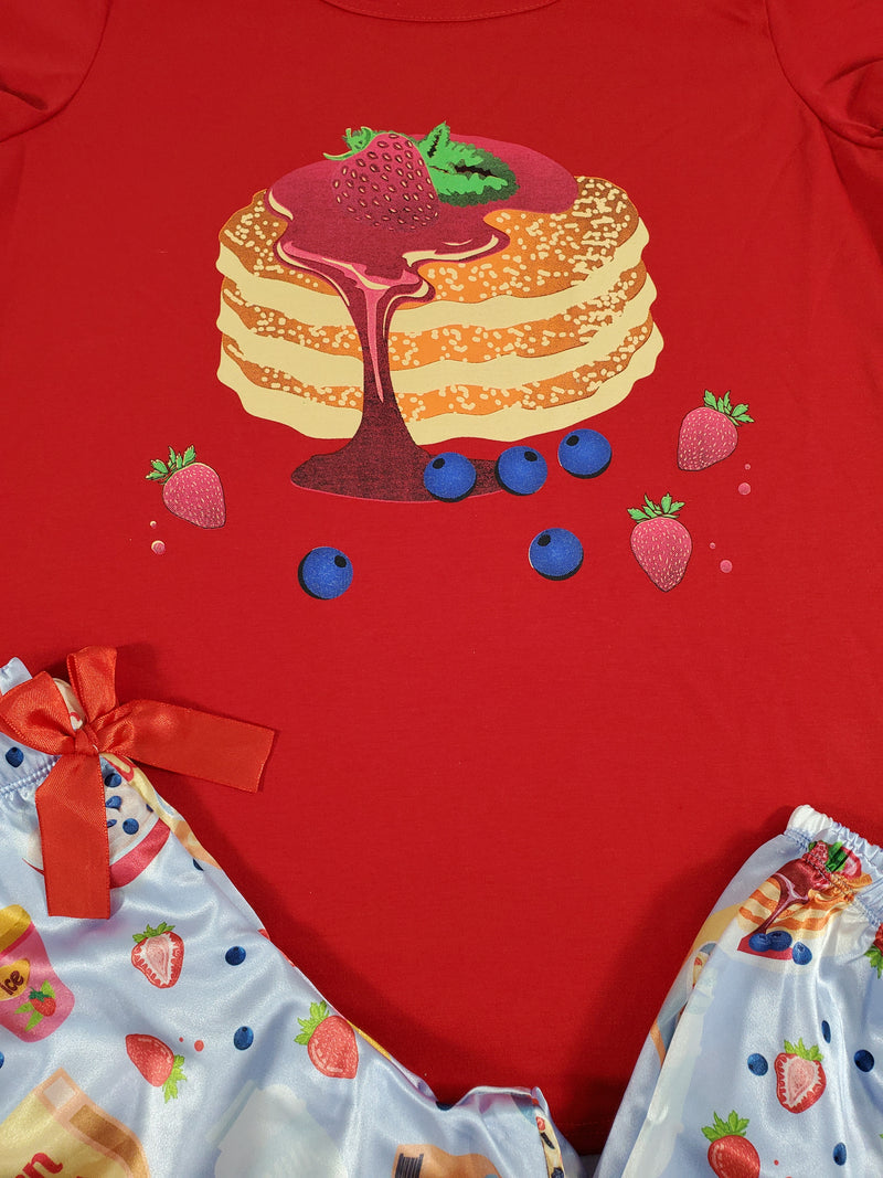 Sexy blue satin Women's pajama pants with red shirt breakfast theme - Princess Pajamas