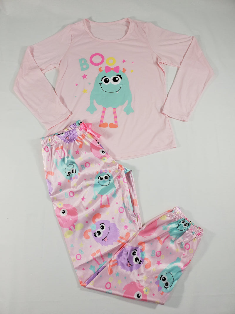 Cute pink monster theme satin pajama set pink shirt Princess Pajamas