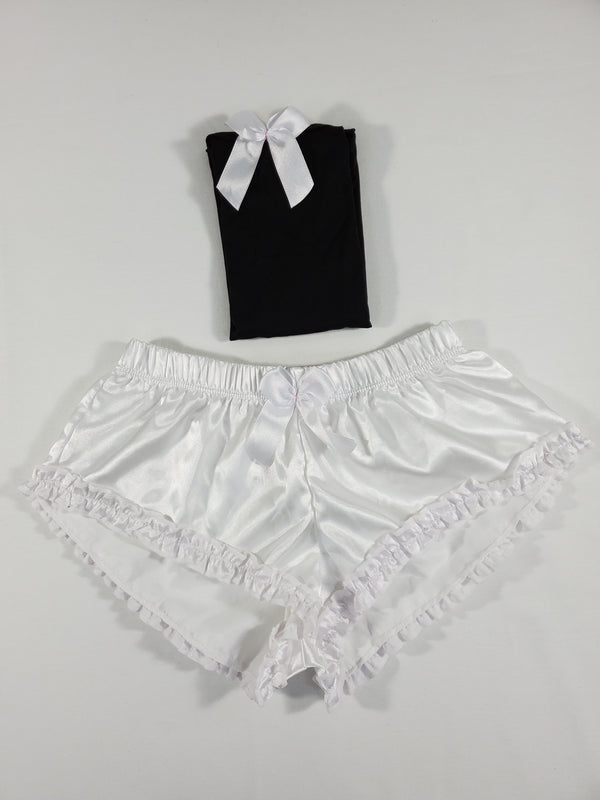 Sexy Women's pajama white satin shorts black blouse - Princess Pajamas