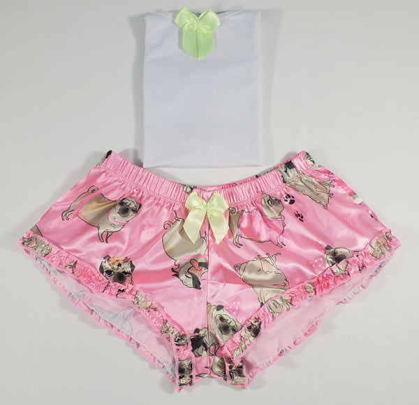 Sexy Women's pajama pink satin shorts puppies theme white blouse - Princess Pajamas