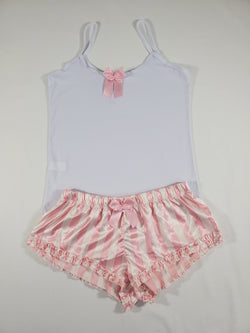 Sexy Women's pajama pink satin shorts with white stripes white blouse - Princess Pajamas