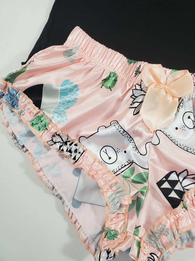 Sexy Women's pajama salmon satin shorts flowers and dogs theme black blouse - Princess Pajamas