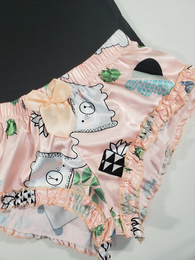 Sexy Women's pajama salmon satin shorts flowers and dogs theme black blouse - Princess Pajamas