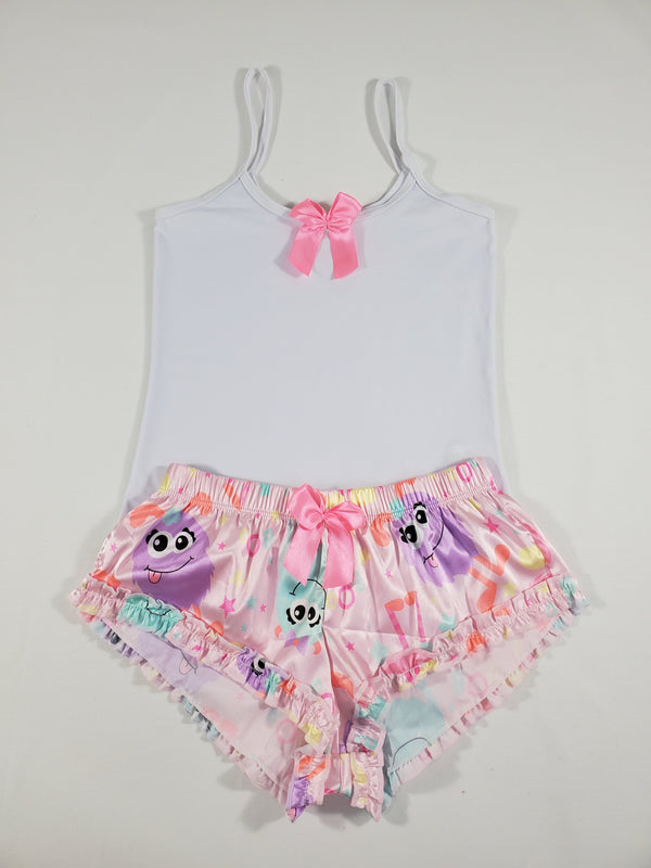 Sexy Women's pajama pink satin shorts cute monsters theme white blouse - Princess Pajamas