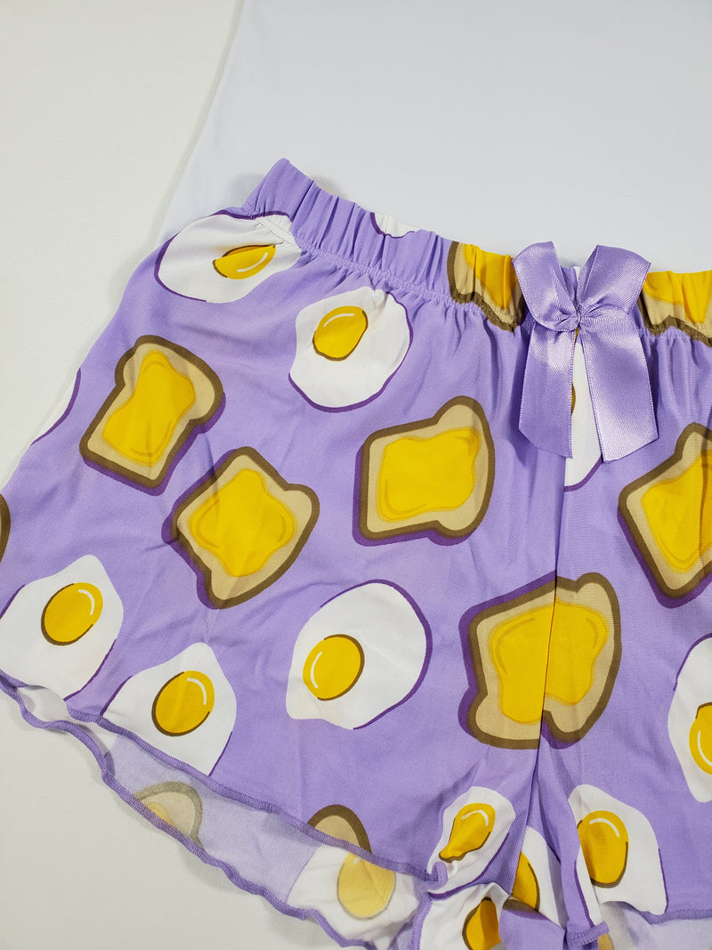 Purple Classic Women's pajamas, shorts fired eggs and toast theme white blouse - Princess Pajamas