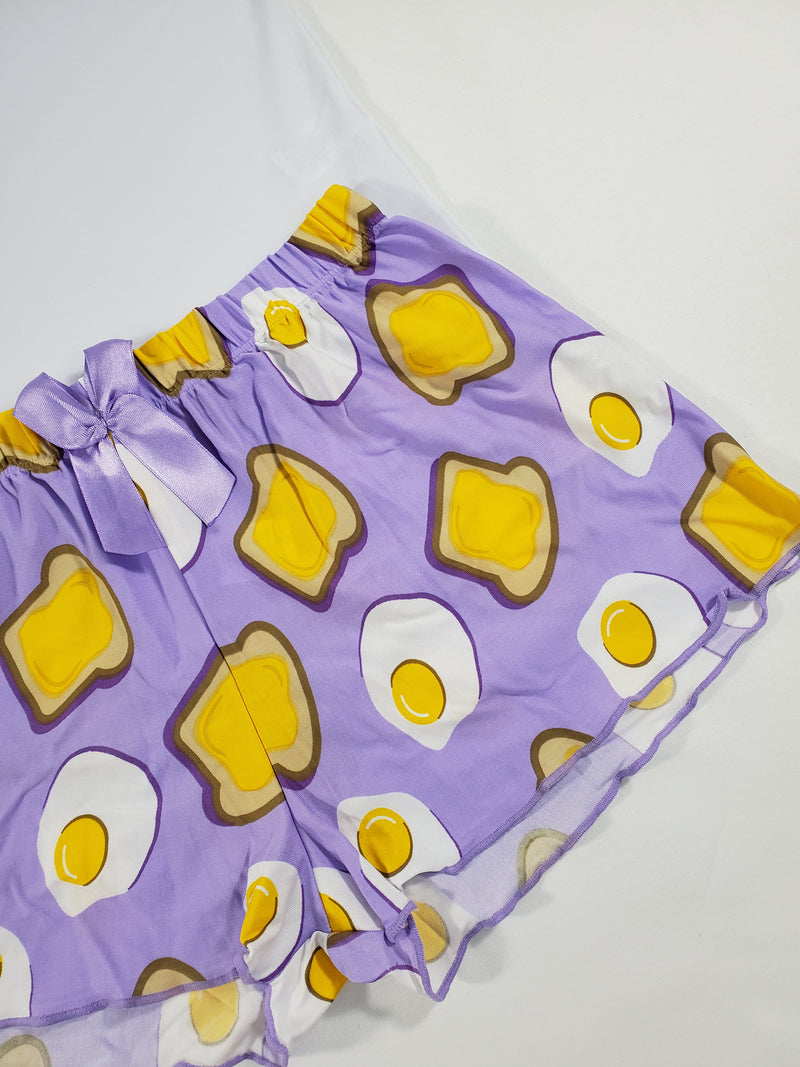 Purple Classic Women's pajamas, shorts fired eggs and toast theme white blouse - Princess Pajamas