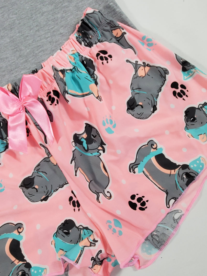 Pink Classic Women's pajamas shorts puppies theme gray blouse - Princess Pajamas